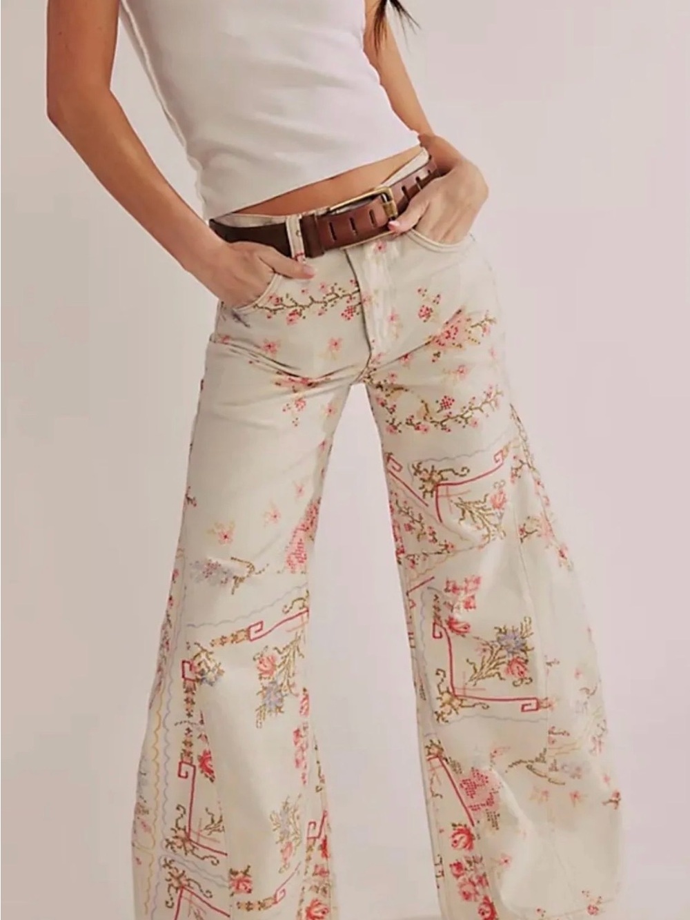 NWT We The Free Eden Printed High Slouchy Jeans | Ivory Combo Cross Stitch sz 31